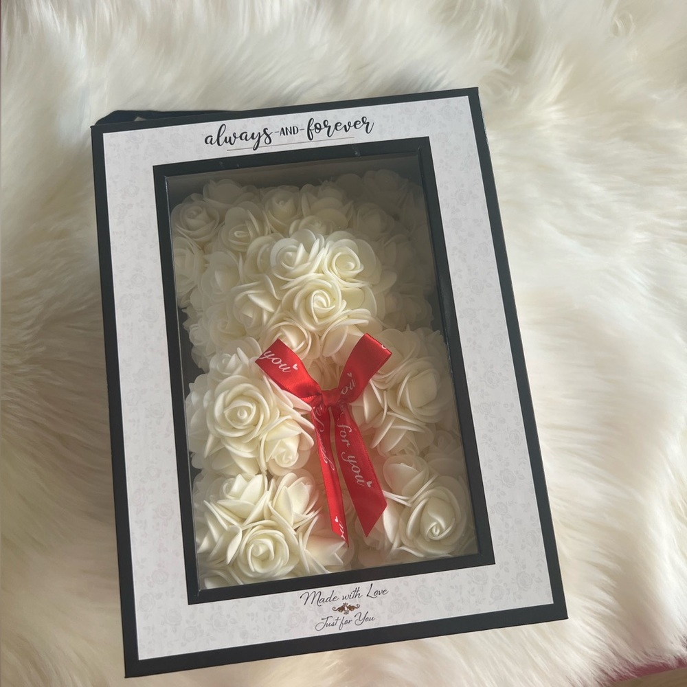 Always and Forever Ivory Rose Bear with Red Ribbon